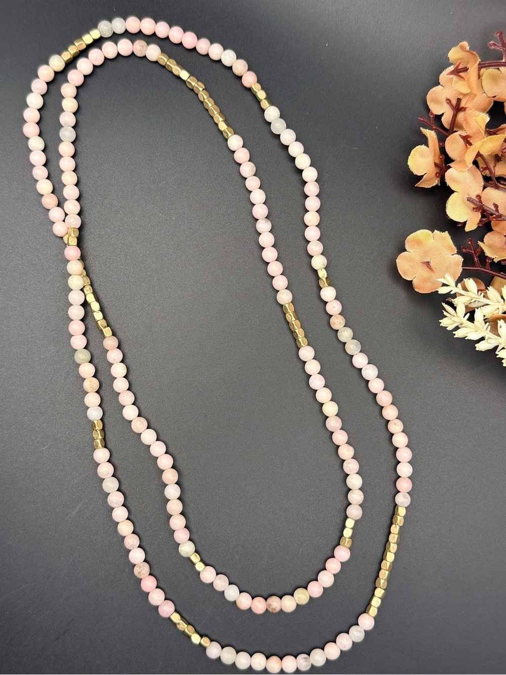 Delicate Rose Quartz Long Stretchy Necklace with Gold Accents